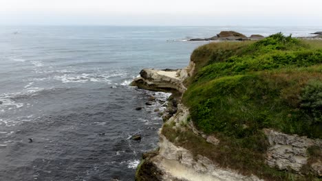 Aerial-tracking-shot-of-sea-and-seashore-cliffs-in-cloudy-day,-green-grass-on-the-rock