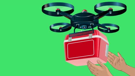 A-Drone-Delivering-a-Red-Supplies-Box-and-a-Person's-Hands-are-Shown-Receiving-the-Package-on-a-Green-Background-That-Can-be-Customized-as-Per-your-Preference