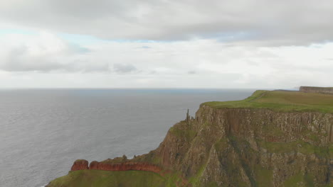 Drone-flying-over-steep-cliffs,-revealing-a-clear-view-of-the-North-Atlantic-Ocean