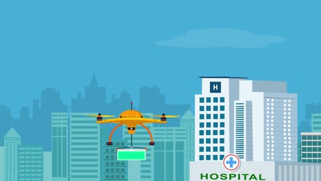 Eine-Drohne,-Die-Mit-Einer-Kiste-Mit-Medizinischem-Material-Und-Einem-Grünen,-Anpassbaren-Patch-Auf-Der-Kiste-Von-Einem-Krankenhaus-In-Einer-Stadt-Abhebt