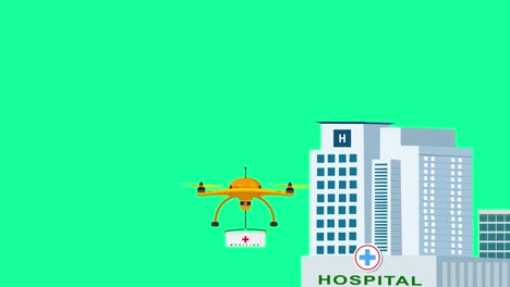 Eine-Animierte-Oder-Cartoon-Drohne,-Die-Von-Einem-Krankenhausgebäude-Abhebt,-Um-Medizinische-Versorgung-Oder-E-Commerce-Lieferungen-Auf-Grünem-Hintergrund-Zu-Liefern