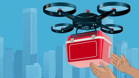 A-Drone-Delivering-a-Red-Supplies-Box-and-a-Person's-Hands-are-Shown-Receiving-the-Package