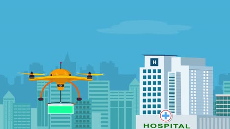 A-Drone-Delivering-Supplies-Box-with-a-Green-Customizable-Patch-on-the-Box-to-a-Hospital-in-a-City