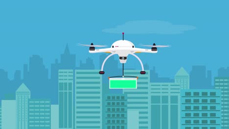 A-Drone-Flying-From-Right-to-Left-of-Screen-is-Shown-Delivering-Supplies-Box-with-a-Green-Customizable-Patch-on-the-Box-for-Your-Branding-and-a-City-is-Shown-in-the-Background