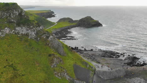 Aerial-zoom-in-shot-of-the-Giant's-Causeway-in-Northern-Ireland