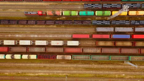 Aerial-view-of-colorful-freight-trains-with-goods-on-the-railway-station-3