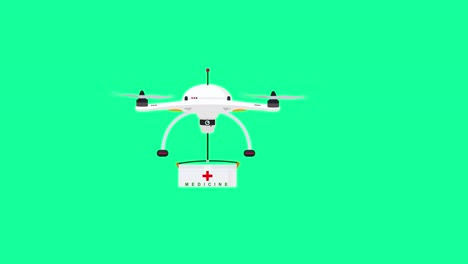 Ein-Cartoon-Oder-Eine-Animierte-Darstellung-Einer-Drohne,-Die-Medizinische-Notfallversorgung-Auf-Grünem-Hintergrund-Liefert,-Und-Eine-Drohne,-Die-Auf-Dem-Bildschirm-Von-Rechts-Nach-Links-Fliegt