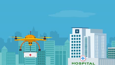 Ein-Zeichentrickfilm-Oder-Eine-Animierte-Darstellung-Einer-Drohne,-Die-Medizinische-Notfallversorgung-An-Ein-Krankenhausgebäude-Liefert,-Mit-Einer-Stadt-Im-Hintergrund