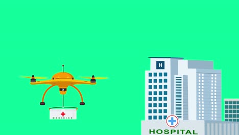 A-Cartoon-or-Animated-Representation-of-a-Drone-Delivering-Emergency-Medical-Supplies-to-a-Hospital-Building-on-a-Green-Background
