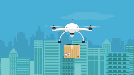 Eine-Animierte-Drohne,-Die-Produktpakete-Mit-Blauem-Himmel-Und-Einer-Innenstadt-Und-Wolkenkratzern-Im-Hintergrund-Liefert