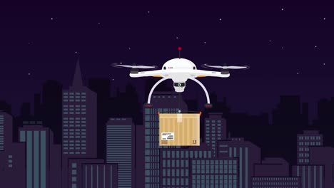 Un-Dron-Animado-Que-Entrega-Un-Paquete-De-Productos-Con-Cielo-Nocturno-Y-Un-Centro-De-La-Ciudad-Y-Rascacielos-En-El-Fondo