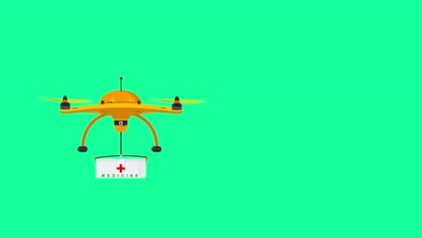 A-Cartoon-or-Animated-Representation-of-an-Orange-Drone-Delivering-Emergency-Medical-Supplies-on-a-Green-Background-and-Drone-is-Flying-Right-to-Left-on-Screen