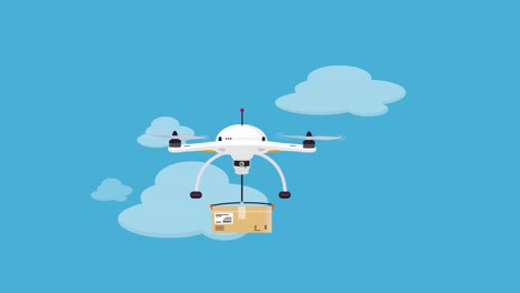 Eine-Animierte-Drohne,-Die-Produktpakete-Mit-Blauem-Himmel-Und-Wolken-Im-Hintergrund-Liefert