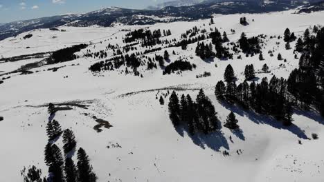 Drohnenaufnahme-Von-Schneebedeckten-Bergen-Und-Ebenen-Im-Winter