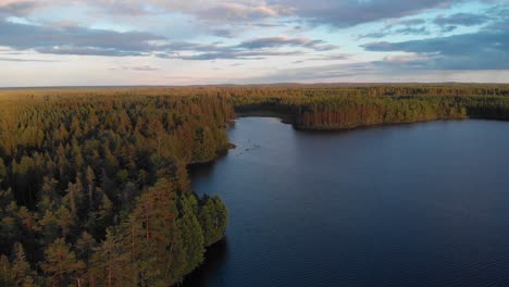 Luftaufnahmen-Von-Einem-See-In-Einem-Schwedischen-Wald-Während-Des-Sonnenuntergangs-1