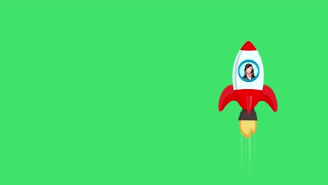 Business-Woman-in-a-Rocket-Launched-on-a-Green-Screen-Background,-Concept-of-Career-and-Business-Launch,-with-Area-to-Add-Text-or-Message