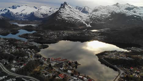 Slow-motion-aerial-of-a-beautiful-Norwegian-town-during-sunset