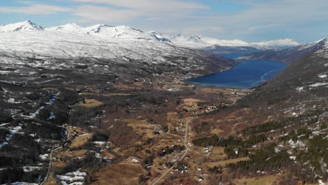 Beautiful-drone-footage-of-villages-nearby-a-valley-in-Norway