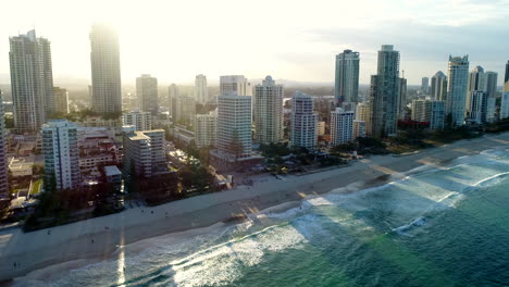 Drone-of-buildings-at-Surfers-Paradise-in-golden-hour