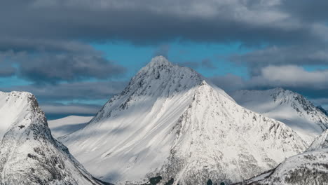 A-timelapse-of-a-snowy-mountain-in-Volda,-Norway