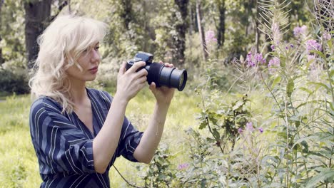 Blonde-woman-uses-a-large-camera-and-lens-to-take-photographs-of-wild-flowers-in-a-park