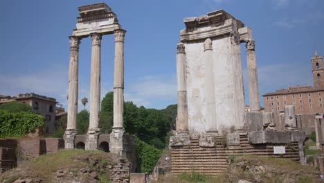 Forum-Romanum,-Rome,-Italy,-Day,-Sunny,-Dolly,-Pillars,-Wide,-Long,-Ancient