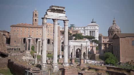 Forum-Romanum,-Rome,-Italy,-Day,-Sunny,-Dolly,-Pillars,-Wide,-Long