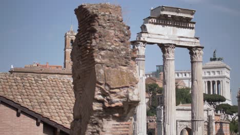 Forum-Romanum,-Rome,-Italy,-Day,-Sunny,-Dolly,-Medium,-Pillars,-Forum,-travel,-ancient,-greek,-ceasar,-architecture,-roman