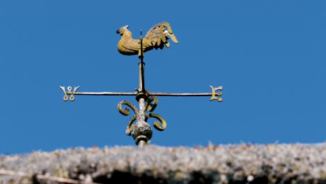 Iron-Rooster-Weather-Vane-with-Compass-on-top-of-Thatched-Roof-1