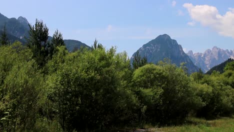 Foto-De-Ensueño-De-Dolomitas-Italianas-Desde-El-Carril-Bici,-Mirando-A-Través-De-Una-Hilera-De-árboles-De-Color-Verde-Brillante