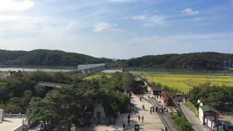 A-railroad-to-North-Korea-seen-from-Imjingak-by-the-DMZ-overlooking-North-Korea,-in-Munsan,-Paju,-Gyeonggi-do,-South-Korea