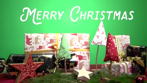 Navidad-Decoración-Rojo-Verde-Feliz-Navidad-árbol-Ramas-Estrellas-Regalos-Vintage-Con-Texto