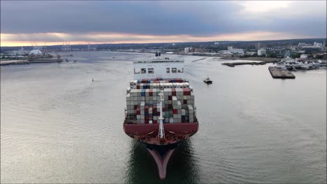 Various-dolly-zoom-shots-of-a-container-ship-leaving-port