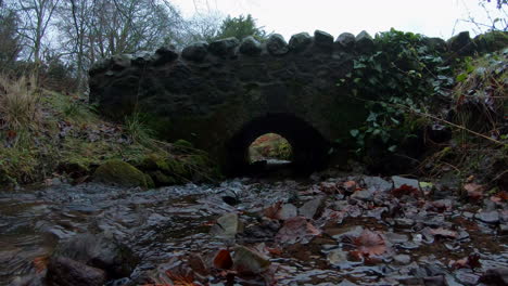 Stream-running-under-and-old-stone-bridge-through-a-forest-in-the-Kinross-are-of-Central-Scotland