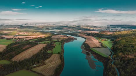 Aerial-view-of-the-rural-landscape-on-the-shores-of-the-Namsen-river