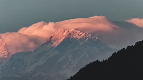 Golden-Hour-Evening-timelapse-of-Lamjung-Kailash-Himal-Mountain-with-a-lot-of-clouds-movement-around-the-peak