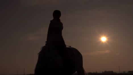 Silhouette-of-rider-sitting-on-horseback-in-dramatic-sunset,-low-angle