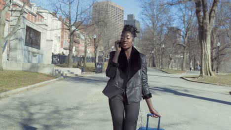 Fashionable-Young-African-American-Business-Woman-Walking-Through-Park-With-Luggage-While-Talking-On-Phone-Traveling-On-A-Sunny-Day