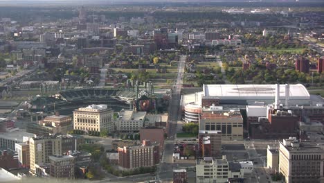 Aerial-view-over-Detroit-with-Ford-Field-and-Comerica-Park,-Michigan,-USA