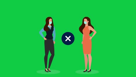 Animated-female-characters-maintaining-social-distance-with-blue-do's-and-don’t's-icons-with-green-screen-background