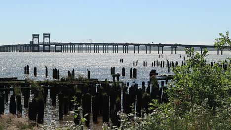 Youngs-Bay-facing-Bridge-wide-angel-old-wooden-boat-ramp-pylons-sunny-summer-day-wide-angle