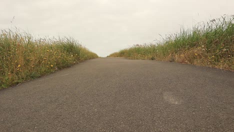 Low-angle-shot-of-paved-path-between-dunes-and-dune-grass-at-Long-Beach,Usa