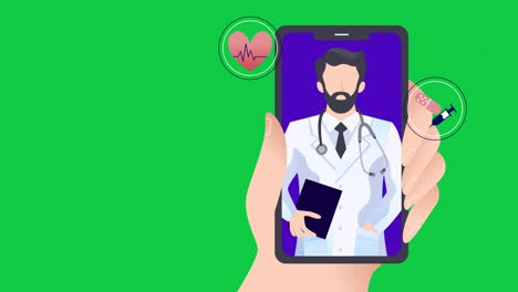 Ein-Mobiler-Bildschirm,-Auf-Dem-Ein-Arzt-Aus-Der-Ferne-Online-Konsultiert-Wird,-Um-Eine-Medizinische-Fernberatung-Und-Gesundheitsdiagnose-Mit-Grünem-Hintergrund-Zu-Erhalten