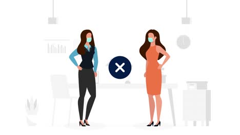 Animated-female-characters-maintaining-social-distance-in-office-with-blue-do's-and-don’t's-icons