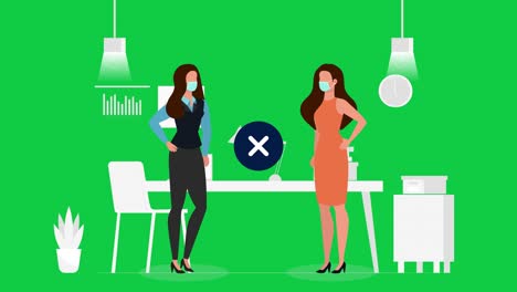 Animated-female-characters-maintaining-social-distance-in-office-with-blue-do's-and-don’t's-icons-with-green-screen-background