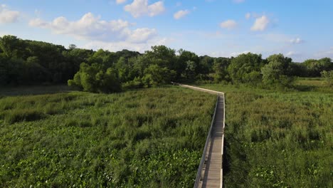 Aerial-showing-wooden-walking-path-made-between-lush-greenery-at-Old-Cedar-Avenue,-Bloomington-Minnesota