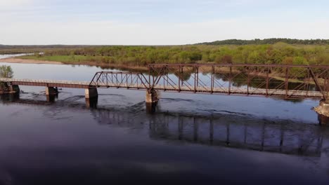 Aerial-panoramic-view-of-old-metal-bridge-running-across-a-still-deep-blue-river
