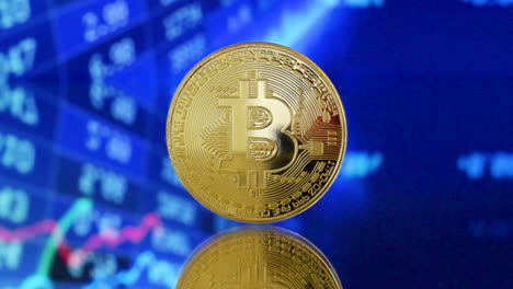 Bitcoin-Dorado-En-Un-Terreno-De-Espejo-Frente-A-Un-Fondo-De-Stock-Visualizado-Con-Cursos-Ascendentes