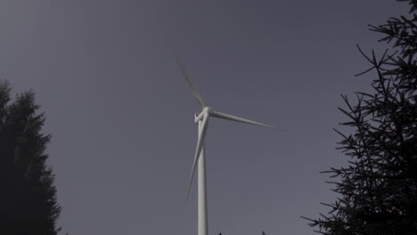 Wind-turbine-head-spinning-with-blue-sky-background-surrounded-by-trees