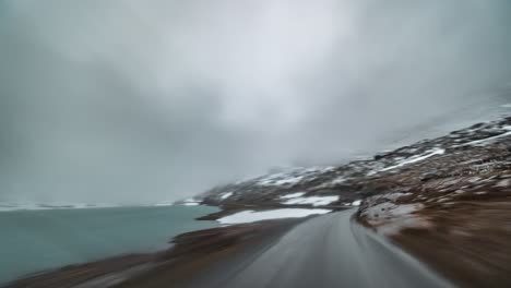 A-drive-on-the-mountainous-plateau-on-country-road-258-towards-Stryn,-Norway